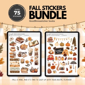 May include: A digital sticker bundle for GoodNotes featuring over 75 fall-themed stickers. The stickers include book-themed illustrations, pumpkins, sweaters, and other cosy autumn elements.
