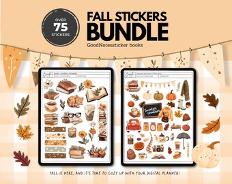 May include: A digital sticker bundle for GoodNotes featuring over 75 fall-themed stickers. The stickers include book-themed illustrations, pumpkins, sweaters, and other cosy autumn elements.