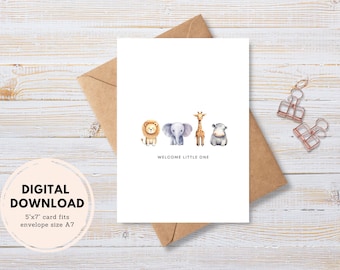 New Baby Card | Greeting Card Printable | Instant Download| PDF | Watercolour Safari Animals