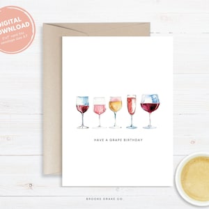 Cartão de aniversário engraçado para impressão para amantes de vinho, download digital instantâneo de PDF, envelope DIY, tenha um aniversário de uva