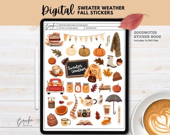 May include: Digital sticker book with 76 fall-themed illustrations. Includes pumpkins, leaves, sweaters, coffee cups, and a truck. The book is titled "Goodnotes Sticker Book" and "Sweater Weather Fall Stickers".