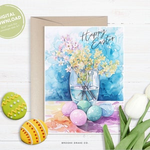 Carte Joyeuses Pâques, carte de voeux imprimable, PDF à téléchargement numérique instantané, enveloppe DIY, peinture à l'eau de Pâques
