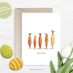 Carte Joyeuses Pâques, carte de voeux imprimable, PDF à téléchargement numérique instantané, enveloppe DIY, Doodle mignon carottes