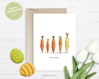 Happy Easter Card, Printable Greeting Card, Instant Digital Download PDF, DIY Envelope, Cute Carrots Doodle