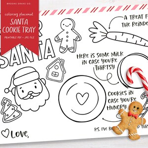 Tovaglietta per bambini con vassoio di biscotti di Babbo Natale, caro Babbo Natale con biscotti e latte da colorare, tappetino per attività natalizie stampabile, pagina da colorare di Natale