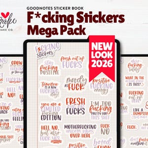 May include: Digital sticker book featuring a variety of stickers with humorous phrases. The stickers are displayed on three tablets, with a red banner that says "NEW LOOK 2026". The stickers have a white background with various colors.
