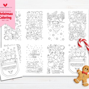 Könnte beinhalten: Eine Sammlung von Malvorlagen zum Thema Weihnachten mit verschiedenen festlichen Illustrationen, darunter der Weihnachtsmann, Elfen und Ornamente. Eine Zuckerstange und ein Lebkuchenmann sind ebenfalls vorhanden. Die Worte "Christmas Coloring" sind sichtbar.