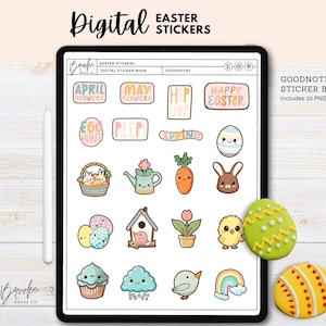 Peut inclure: Un carnet de stickers numériques pour Goodnotes avec 20 stickers sur le thème de Pâques. Les stickers comprennent des images d'œufs, de lapins, de fleurs et d'autres images sur le thème du printemps. Les stickers sont de différentes couleurs, notamment le rose, le bleu, le jaune et le vert.