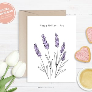 Happy Mothers Day Card, afdrukbare wenskaart, Instant Digitale Download PDF, DIY Envelop, Lavendel Doodle