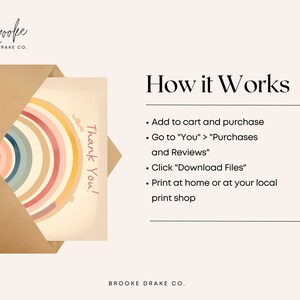 May include: A digital download of a printable thank you card featuring a rainbow design with the text "Thank You!" in red. The card is shown in a brown envelope. Instructions for downloading and printing the card are listed below the image.
