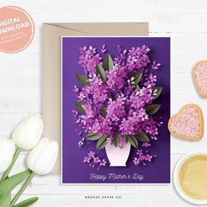 Tarjeta del Día de las Madres Felices, Tarjeta de Felicitación Imprimible, Descarga Digital Instantánea PDF, Sobre DIY, Lilas Abstractas