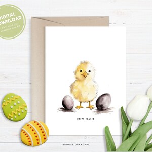 Carte de joyeuses Pâques, carte de voeux imprimable, téléchargement numérique instantané au format PDF, enveloppe DIY, mignon poussin de Pâques aquarelle minimaliste