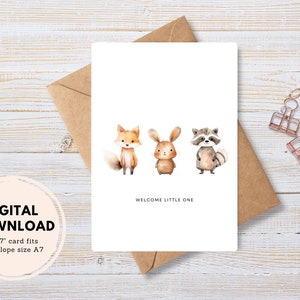 Nueva tarjeta de felicitación para bebés, PDF de descarga digital instantánea, sobre de bricolaje, animales del bosque de acuarela