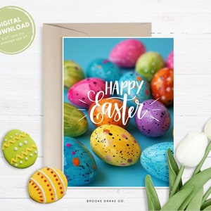 Carte Joyeuses Pâques, carte de voeux imprimable, PDF à téléchargement numérique instantané, enveloppe DIY, Oeufs de Pâques aquarelle