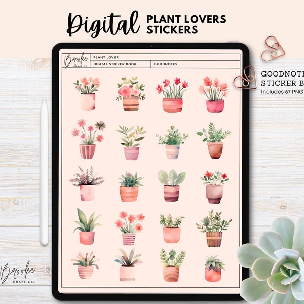 Plants Lover Digital Stickers, GoodNotes Sticker Book, Digital Planner, Individual PNGs, Watercolour Potted Plants