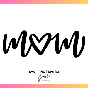 Könnte beinhalten: Schwarzweißes Grafikdesign des Wortes "Mom" mit einem Herzen in der Mitte.