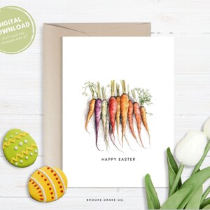Carte Joyeuses Pâques, carte de voeux imprimable, PDF à téléchargement numérique instantané, enveloppe DIY, carottes aquarelles