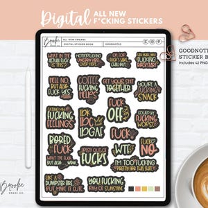 May include: Digital sticker book with 42 PNG files. The stickers feature colorful, humorous phrases with a swear word theme.  The stickers are designed for use in the Goodnotes app.