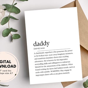 Cartão de feliz dia dos pais, cartão de felicitações para impressão, download digital de PDF, envelope DIY, definição de dicionário do papai