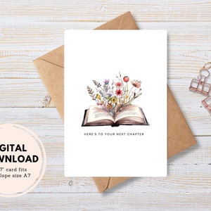 Ecco il tuo prossimo capitolo Biglietto di auguri / Biglietto stampabile / Download immediato PDF / Libro aperto acquerello pieno di fiori