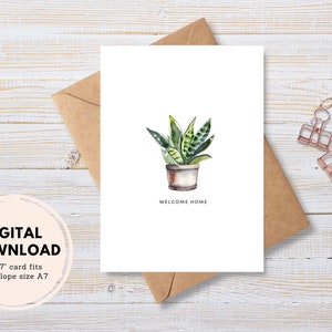 Carte à imprimer pour la maison neuve, carte de voeux, PDF à téléchargement numérique, enveloppe à faire soi-même, plante d'intérieur aquarelle