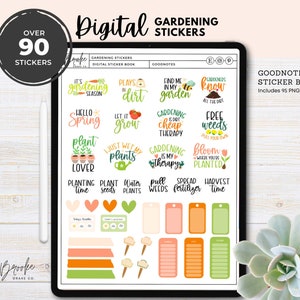 May include: A digital sticker book for Goodnotes featuring 95 gardening themed stickers. The stickers are colourful and feature illustrations of plants, flowers, and gardening tools. The stickers include phrases like "It's gardening season", "Let it grow", "Gardening is my therapy", and "Bloom where you're planted".