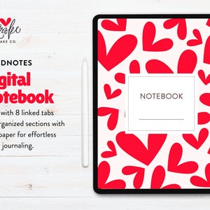 Könnte beinhalten: Digitales Notizbuch mit rotem Herzmuster. Auf dem Tablet steht das Wort "NOTEBOOK" in einem weißen Feld. Der Text links lautet "GOODNOTES Digital Notebook" und beschreibt die Funktionen des Notizbuchs.