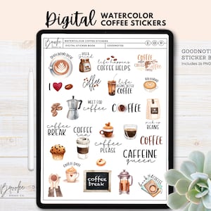 Coffee Stickers, Watercolor Coffee Stickers, PNG Latte Stickers, GoodNotes Sticker Book, Digital Planner Stickers