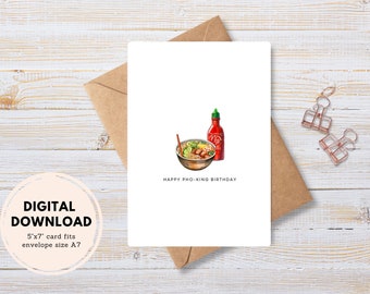 Divertida tarjeta de cumpleaños con pho: Pho de acuarela y sriracha (descarga digital)