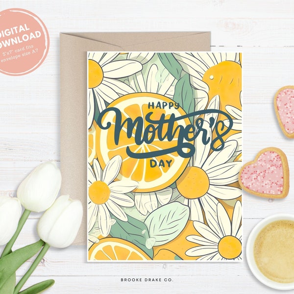 Happy Mothers Day Card, Printable Greeting Card, Instant Digital Download PDF, DIY Envelope, Abstract Lemons