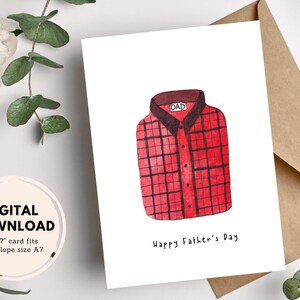 Happy Father&#39;s Day Card, Printable Greeting Card, Digital Download PDF, DIY Envelope, Cute Watercolour Plaid Shirt Illustration