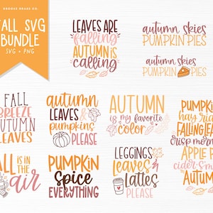 Puede incluir: Colección de gráficos SVG y PNG con temática otoñal. Los diseños presentan frases como "Las hojas caen", "El otoño llama" y "Especia de calabaza todo". La paleta de colores incluye naranja, marrón y rosa.