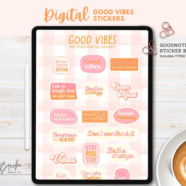 Good Vibes Digital Stickers, GoodNotes Sticker Book, Digital Planner, Individual PNGs, Cute Digital Stickers