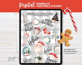 May include: A digital sticker book for Goodnotes featuring 20 minimalist Christmas illustrations. The stickers include a Christmas tree, ornaments, a gingerbread man, a candy cane, a Santa hat, a snow globe, a mug of hot chocolate, and more. The stickers are in a watercolor style and are perfect for adding a festive touch to your digital planner or notes.