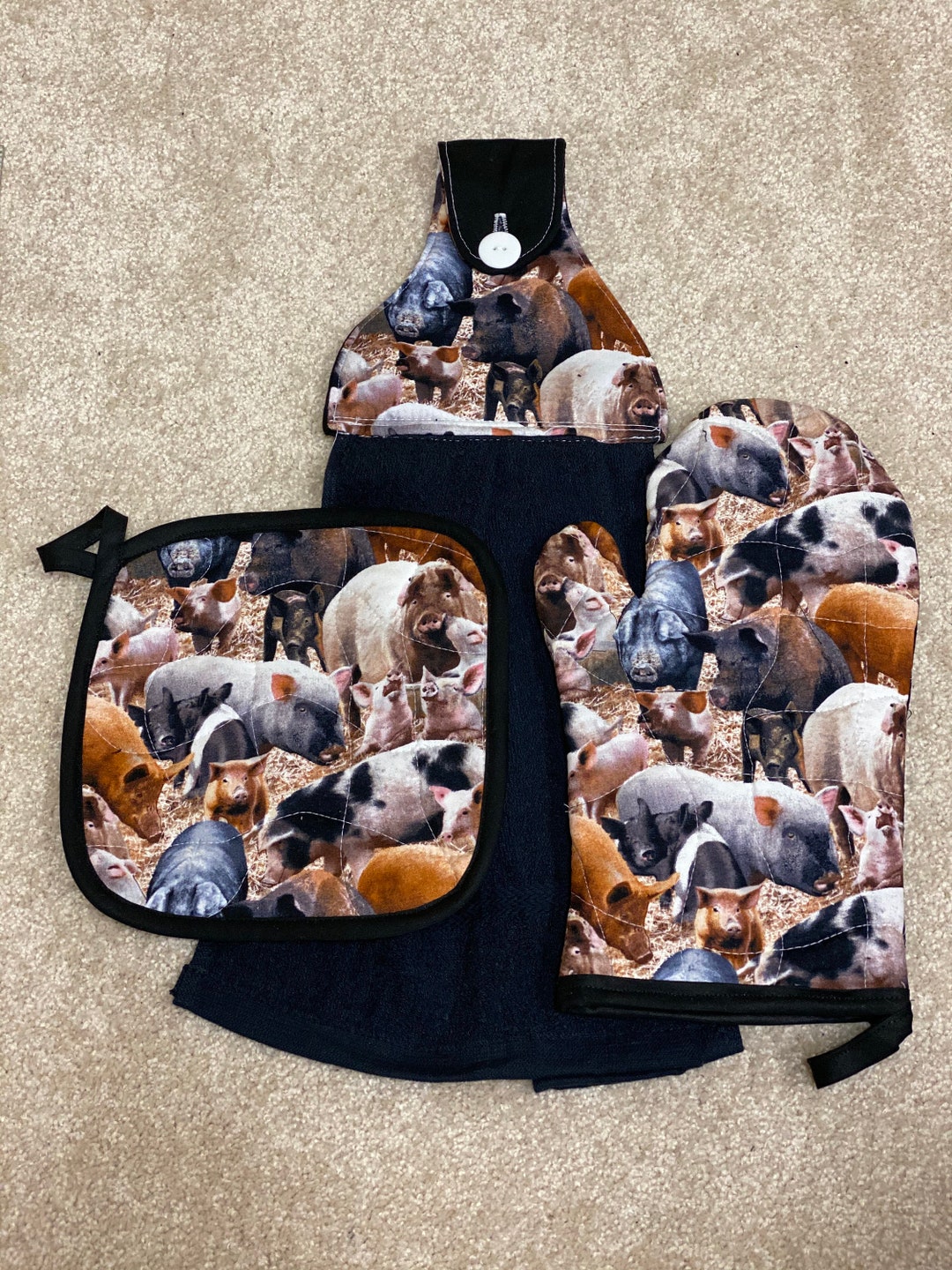 Pigs Insulated Quilted Oven Mitt Pot Holder and Hanging Towel Etsy