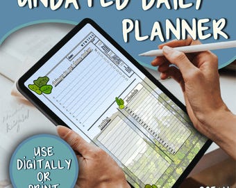 May include: An undated daily planner featuring a green and blue ocean scene background. The planner includes sections for "things to get done today", "notes", and "schedule". The planner can be used digitally or printed.