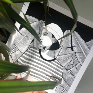 Tropical Girl - Hand Drawn Square Pen And Ink Illustration - Original Artwork - Wall Art