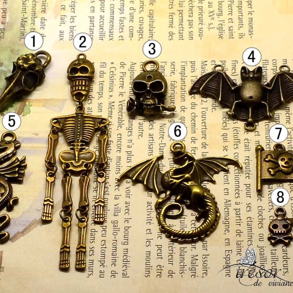 Punk,sournois,crâne,crâne d’oiseau,chauve-souris,pirate,dragon,rose,Breloque pendentif Bronze à choisir Bijoux Fait à la main QDW020