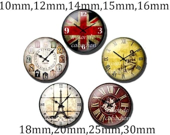 Y284,Retro Clock, Glass Cabochons, handmade. Diameter 10mm 12mm 14mm 15mm 16mm 18mm (10pcs)20mm 25mm 30mm (5pcs)