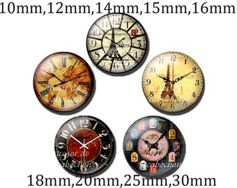 Y283,Retro Clock,Glass Cabochons,handmade.Diameter 10mm 12mm 14mm 15mm 16mm 18mm(10pcs)20mm 25mm 30mm(5pcs)