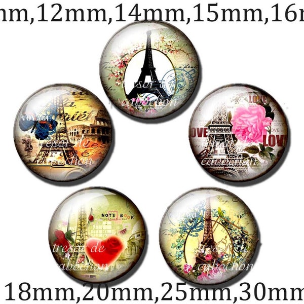 Y146 Retro,tour eiffel,coeur,fleur,Cabochons en verre,fait par mains.Diametre 10mm 12mm 14mm 15mm 16mm 18mm(10pcs)20mm 25mm 30mm(5pcs)