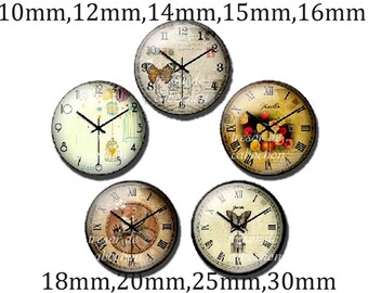 Y218,Retro Clock, Glass Cabochons, handmade. Diameter 10mm 12mm 14mm 15mm 16mm 18mm (10pcs)20mm 25mm 30mm (5pcs)