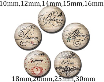 Y266,Retro,fleur,coeur,texte,Cabochons en verre,fait par mains.Diametre 10mm 12mm 14mm 15mm 16mm 18mm(10pcs)20mm 25mm 30mm(5pcs)