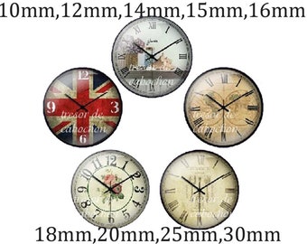 Y219,Retro Clock, Glass Cabochons, handmade. Diameter 10mm 12mm 14mm 15mm 16mm 18mm (10pcs)20mm 25mm 30mm (5pcs)