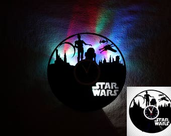 Star Wars vinyl record clock, LED Wall clock, R2D2, c3po, star wars décor, star wars gift, Slow flow lights, star wars art, kids clock