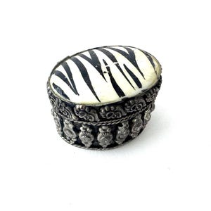 Vintage Zebra Trinket Box with Carved Bone Inlay Lid Safari Pattern Oval Stash Box
