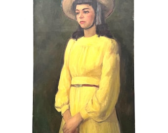 Vintage Large Portrait Painting of Woman Girl in Hat and Yellow Dress 35x22