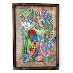 Vintage Papel Amate Framed Mexican Tribal Folk Art Popoloka Bark Painting