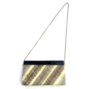 Vintage Real Snakeskin Purse Python Skin Clutch 1980s Envelope Purse with Glossy Black Enamel Trim Boho Glam