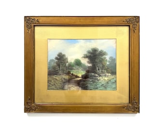 Vintage Original Pastel Forest Landscape in Gold Gilt Frame Antique Pastel Drawing of Trees